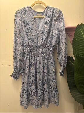 Max Studio Light Blue Floral Smocked Waist Long Sleeve Midi Dress